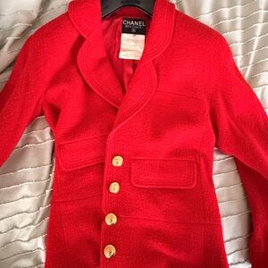 CHANEL Vibrant Red Jacket with Gold Accents
